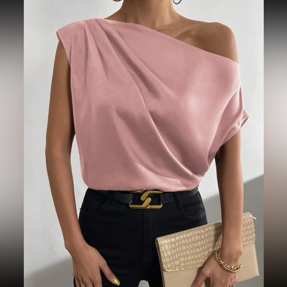 Ruched  mauve purple asymmetrical neck blouse - Picture 10 of 16